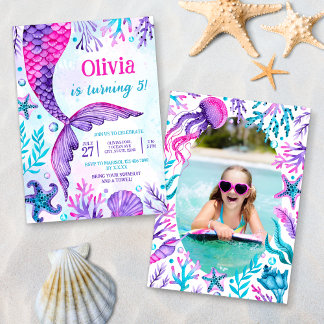 Convites Mermaid Tail Piscina Party Photo Birthday Watercol