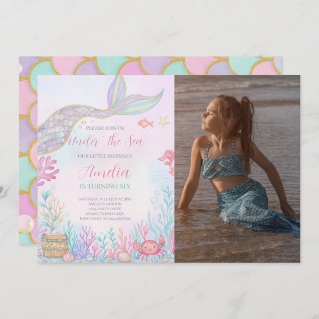 Convites Mermaid Tail Sob A Foto De Aniversário Do Mar (Frente/Verso)