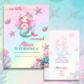 Convites Mermaid Tail Teal Pink Girly Birthday Invitation