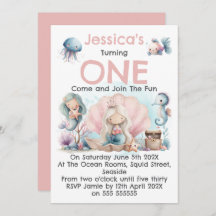 Mermaid Themed 1st Birthday Invitation