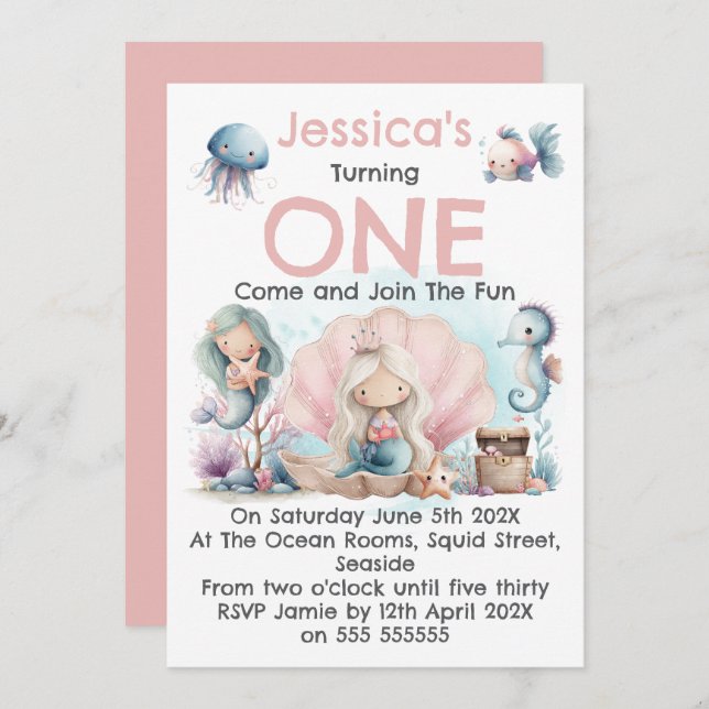 Convites Mermaid Themed 1st Birthday Invitation (Frente/Verso)