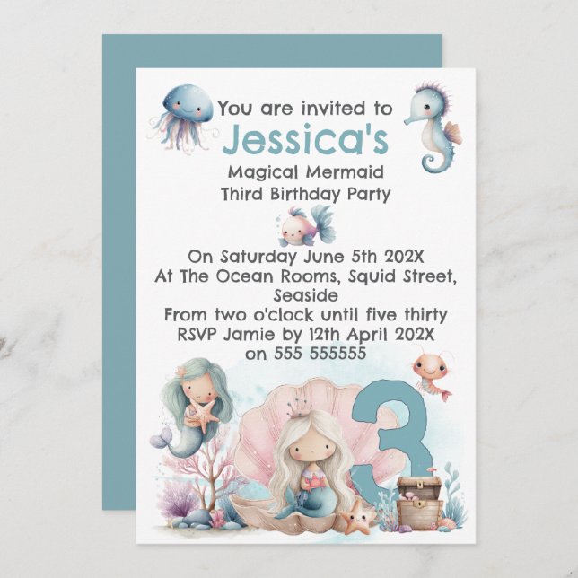 Convites Mermaid Themed 3rd  Birthday Invitation (Frente/Verso)