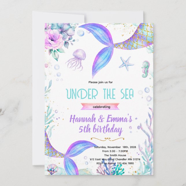 Convites Mermaid twins party invitation (Frente)