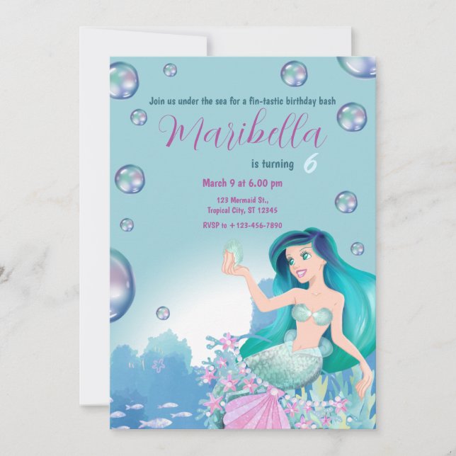 Convites Mermaid Under The Sea Birthday Party (Frente)