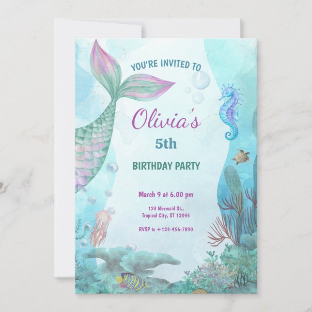 Convites Mermaid Under The Sea Birthday Party (Frente)