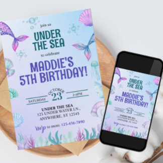 Convites Mermaid Under the Sea Birthday Party Invitation