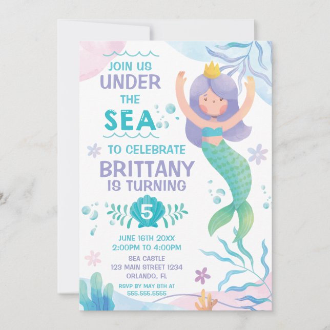 Convites Mermaid Under the Sea cute birthday invitation (Frente)