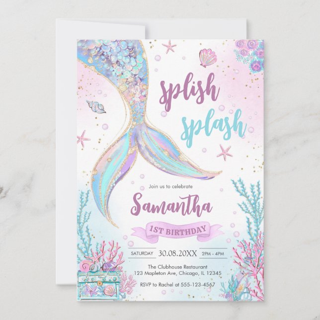 Convites Mermaid Under the Sea Splish Splash Birthday (Frente)
