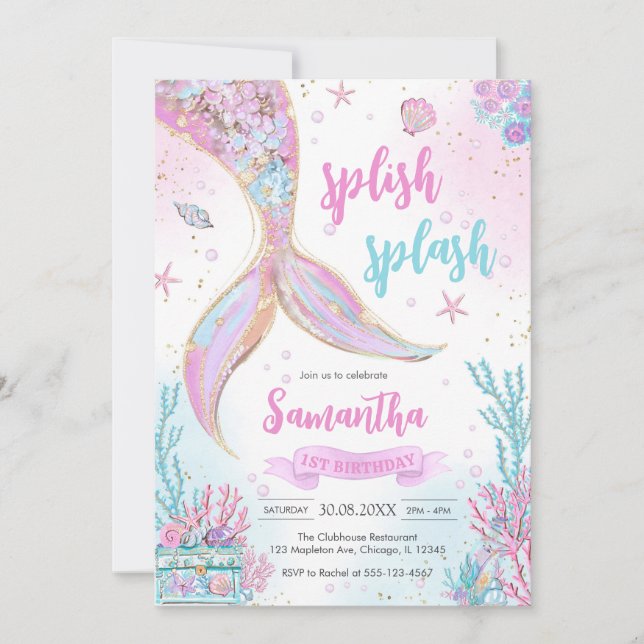 Convites Mermaid Under the Sea Splish Splash Birthday (Frente)