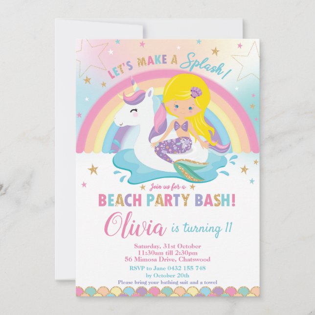 Convites Mermaid Unicorn Beach Party Birthday Blona (Frente)