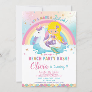Convites Mermaid Unicorn Beach Party Birthday Blona