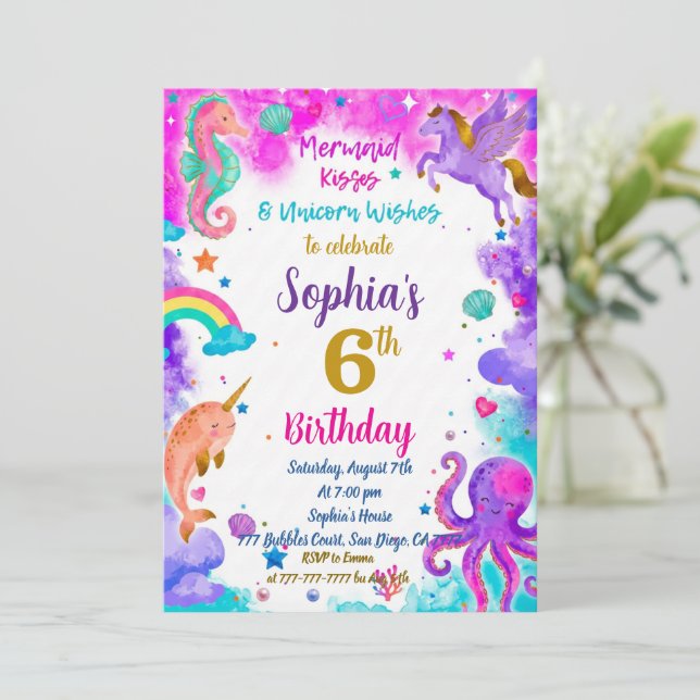 Convites Mermaid & Unicorn Birthday Invitation Magic Party (Em pé/Frente)