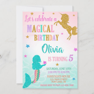 Convites Mermaid Unicorn Birthday Invitation Magical party