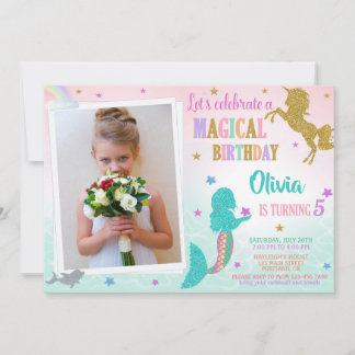 Convites Mermaid Unicorn birthday invitation with photo