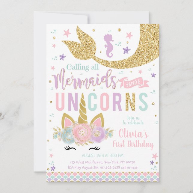 Convites Mermaid Unicorn Girl Birthday Invitation (Frente)