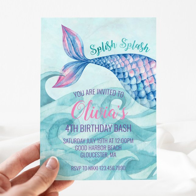 Convites Mermaid Watercolor Birthday (Criador carregado)