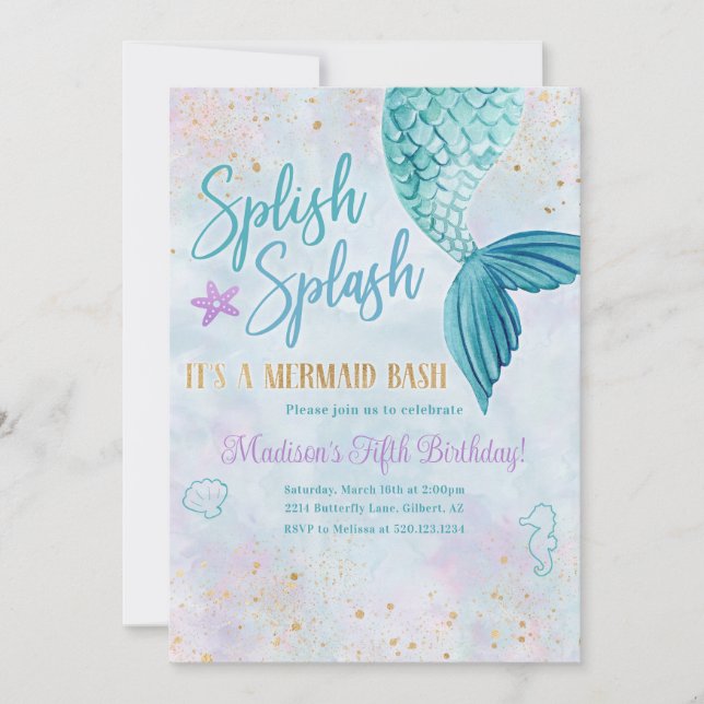 Convites Mermaid Watercolor Birthday Party Any Age Invite (Frente)