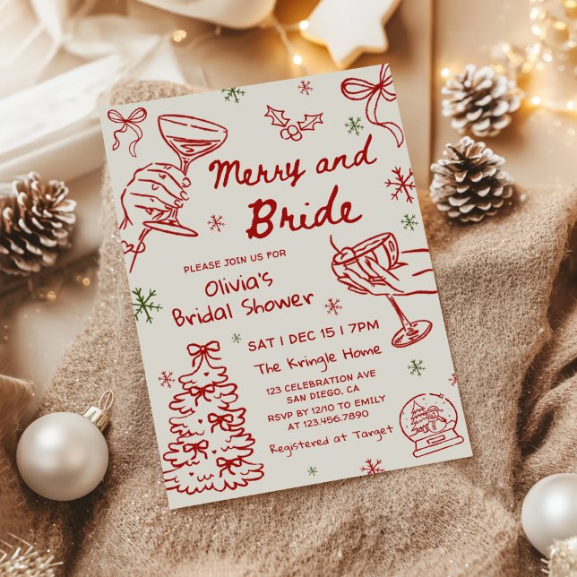 Convites Merry and Bride Hand Drawn Christmas Bridal Shower (Criador carregado)