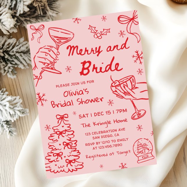 Convites Merry and Bride Hand Drawn Christmas Bridal Shower (Criador carregado)