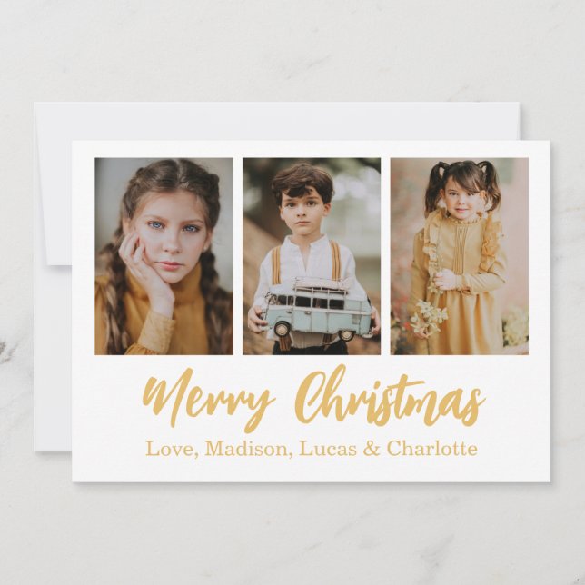 Convites Merry Christmas 3 Photo Collage Gold (Frente)