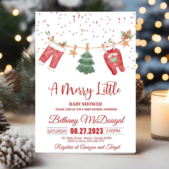 Convites Merry Little Baby Shower Santa Baby (A Christmas baby shower invitation with a vintage Santa, festive red and green colors, and the phras)