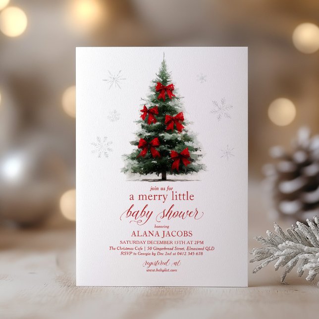Convites Merry Little Christmas Baby Shower Xmas Tree (Merry Little Baby Shower! Christmas themed Baby Shower invitation with tree and red bows)