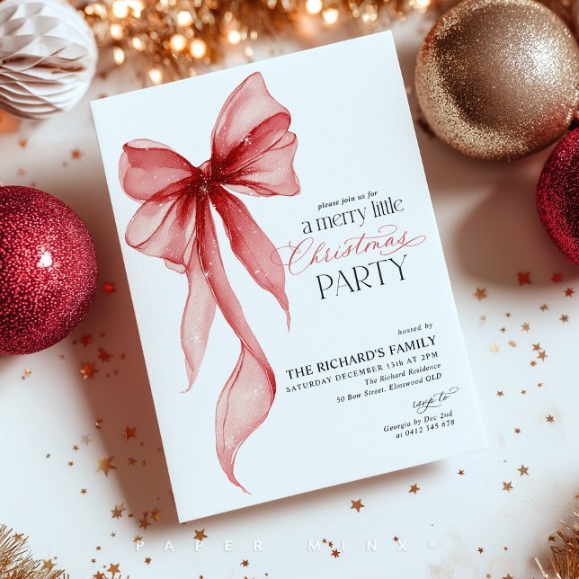 Convites Merry Little Christmas Party  (Merry Little Christmas Party! Red Bow Christmas Invitation)