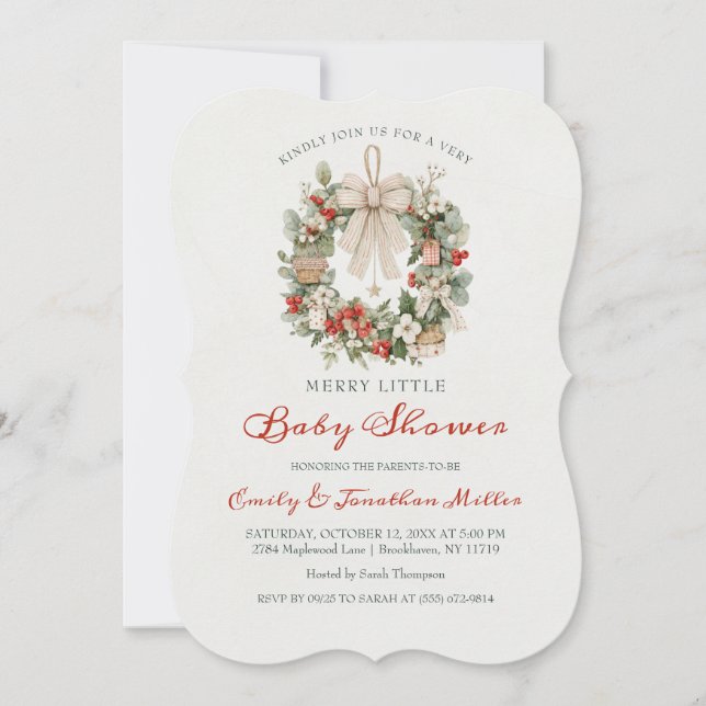 Convites Merry Little Christmas Wreath Bow Baby Shower (Frente)