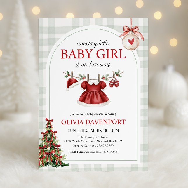 Convites Merry Little Girl Gingham Christmas Baby Shower (Criador carregado)