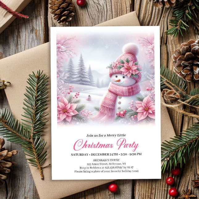 Convites Merry Pink Snowman Editable Christmas Kids Invite  (Merry Pink Snowman Editable Christmas Kids Invite Digital)