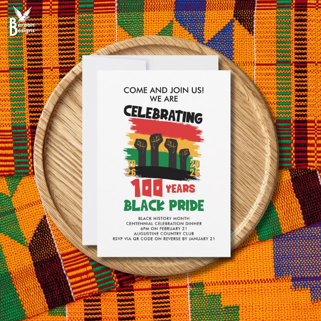 Convites MÊS DA HISTÓRIA NEGRA Centenário (Black History Month Centennial flat card invitation to celebrate 100 years of Black pride)