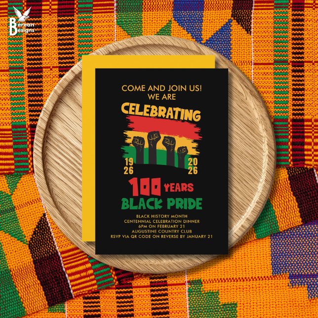 Convites MÊS DA HISTÓRIA NEGRA Centenário (Black History Month Centennial flat card invitation to celebrate 100 years of Black pride)