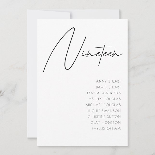 Convites Mesa 19 Modern Wedding Table Number modelo (Frente)