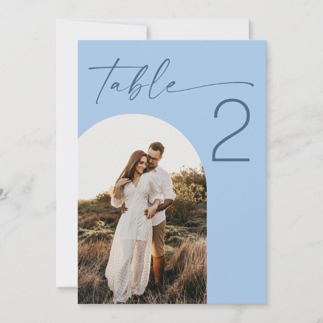 Convites Mesa de Casamento Azul Pastel na Praia | Número da (Frente)