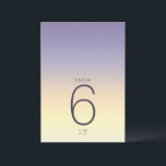 Convites Mesa de Casamento Gradiente de Humor Indigo Sunset<br><div class="desc">O pano de fundo de todas as peças neste conjunto minimalista de casamento é um gradiente de cores de índigo através do pêssego e amarelo pálido. A tabela de números de casamento mostrada aqui apresenta um layout moderno e elegante e fonte de sans serif contemporânea para acrescentar ao seu apelo....</div>