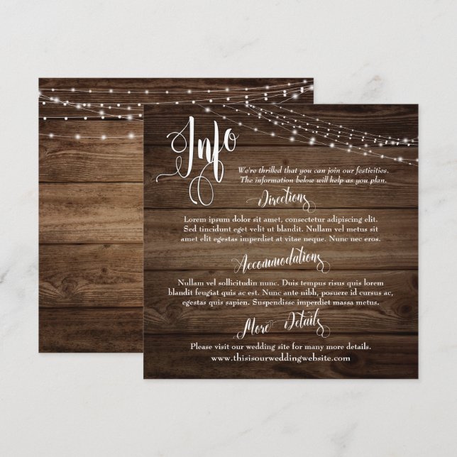 Convites Mesa de Madeira Marrom Rústico com Luzes, Roteiro  (Frente/Verso)