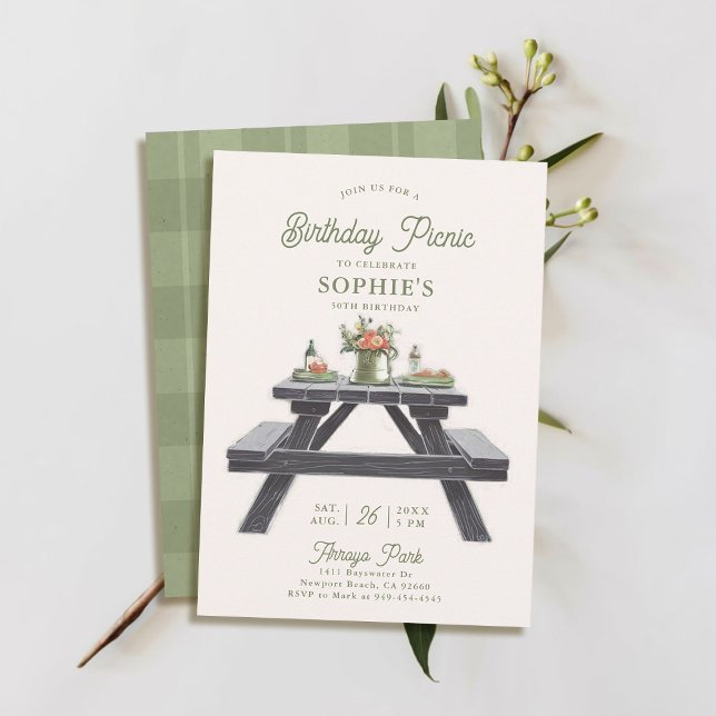 Convites Mesa de Piquenique Verão Elegante Moderno 50º Aniv (50th birthday invitation picnic summer spring fall casual modern classy chic watercolor.)