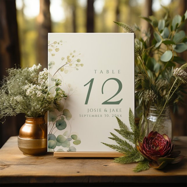 Convites Mesa noiva Romântica Floral Eucalyptus (Romantic Floral Eucalyptus Leaves wedding table number sign Card in elegant green.)