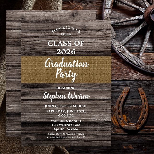 Convites Mesa Rústica de Madeira com Sacos de Aniagem Festa (Non Photo Graduation Invitation Rustic Barn Wood & Burlap Class of 2026)