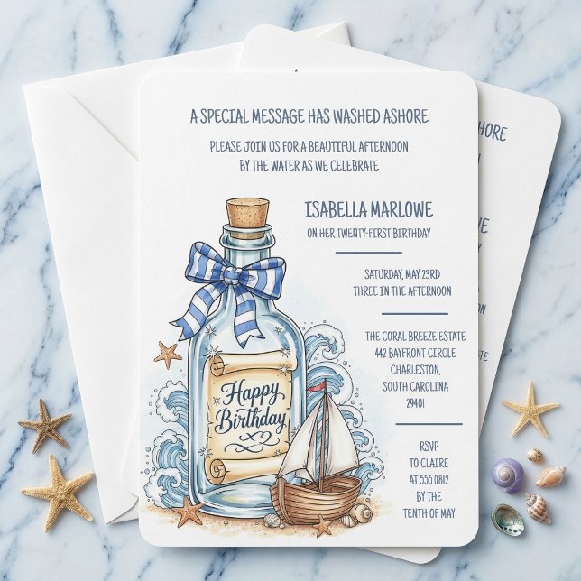 Convites Message In Bottle Sailboat Birthday Invitation (Your coastal party starts here.)