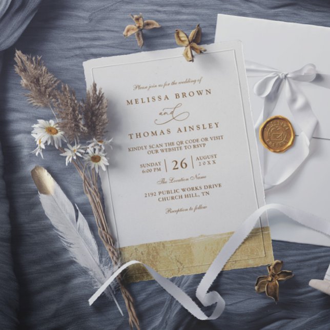 Convites Metallic Dipped Gold Minimalist QR Code Wedding (Criador carregado)