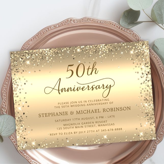 Convites  Metallic Gold Glitter 50th Wedding Anniversary (Criador carregado)