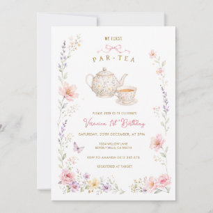 Convites Meu Primeiro Aniversário Par-Tea com flores silves