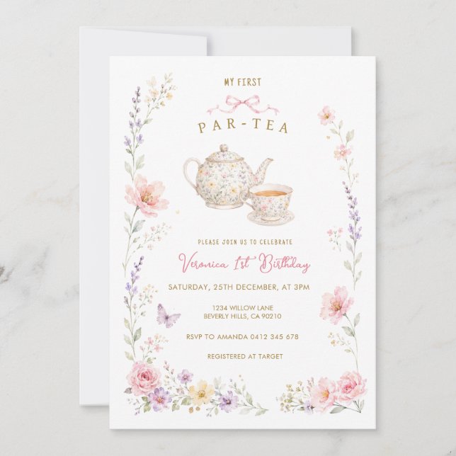 Convites Meu Primeiro Aniversário Par-Tea com flores silves (Frente)
