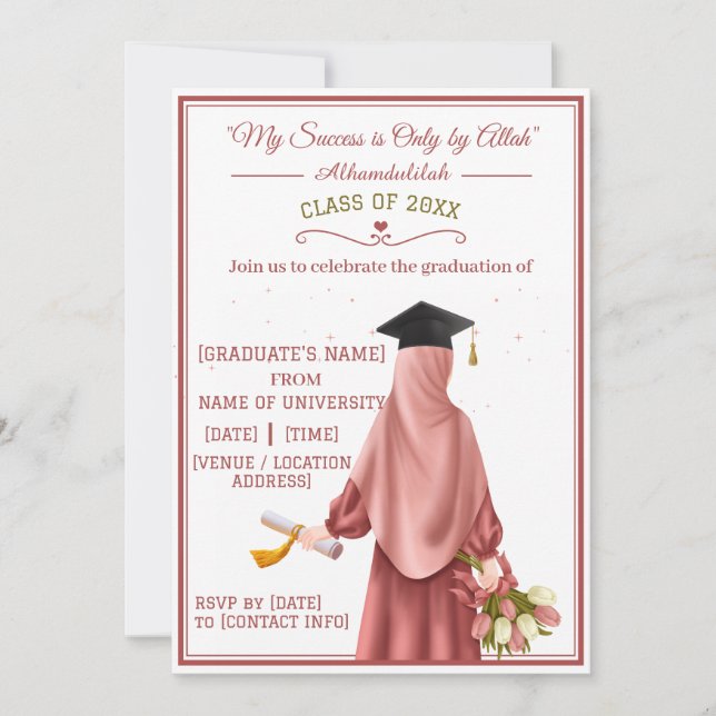 Convites "Meu Sucesso é Somente de Alá" Garota Graduada (Frente)