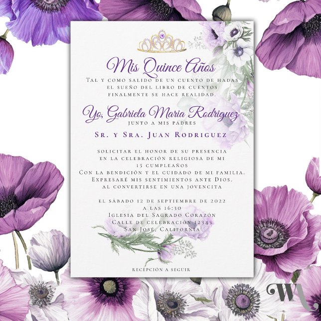 Convites Meus Quinze Anos Modernos (Hermosa invitación de Quince años de Amapolas Lilas -Beautiful Lilac Poppies Quince Años invitation )
