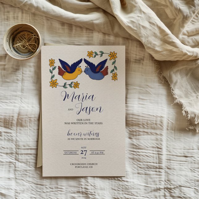 Convites Mexican Birds Floral Blue Yellow Charming Wedding (Mexican Birds Floral Blue Yellow Charming Wedding Invitation)
