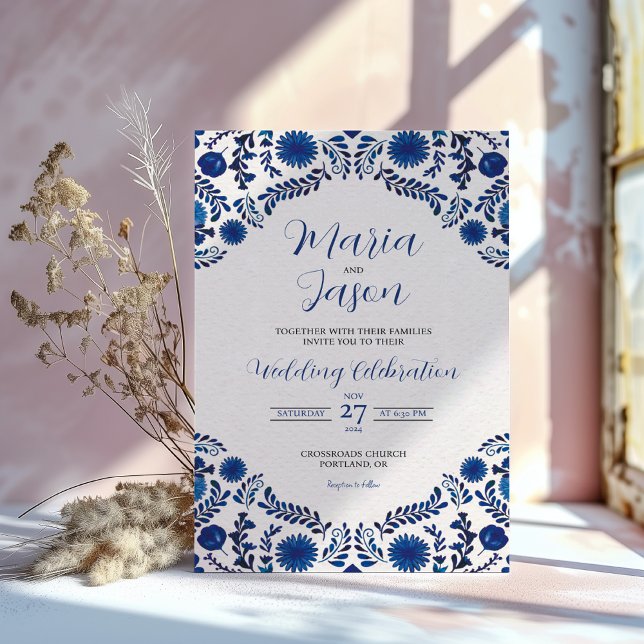 Convites Mexican Blue Floral Aesthetic Botanical Wedding (Mexican Blue Floral Aesthetic Botanical Wedding Invitation)