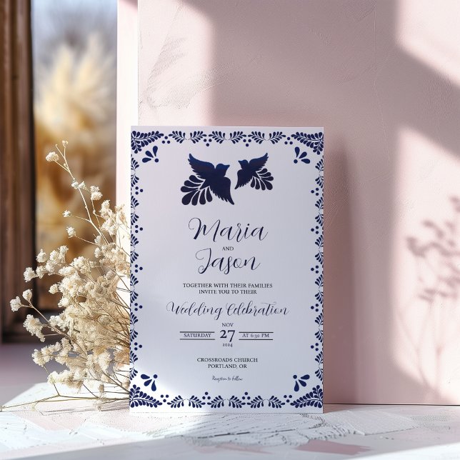 Convites Mexican Navy Blue Botanical Minimalist Wedding (Mexican Navy Blue Botanical Minimalist Wedding Invitation)