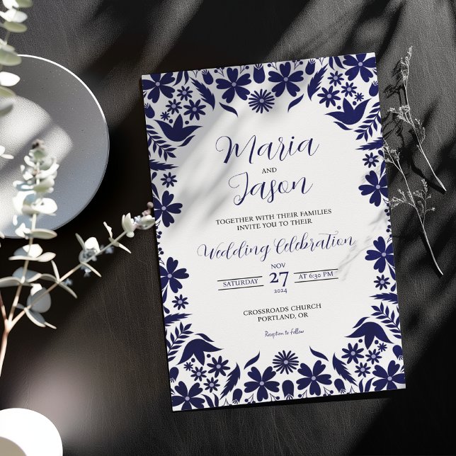 Convites Mexican Navy Blue Floral Classic Aesthetic Wedding (Mexican Navy Blue Floral Classic Aesthetic Wedding Invitation)